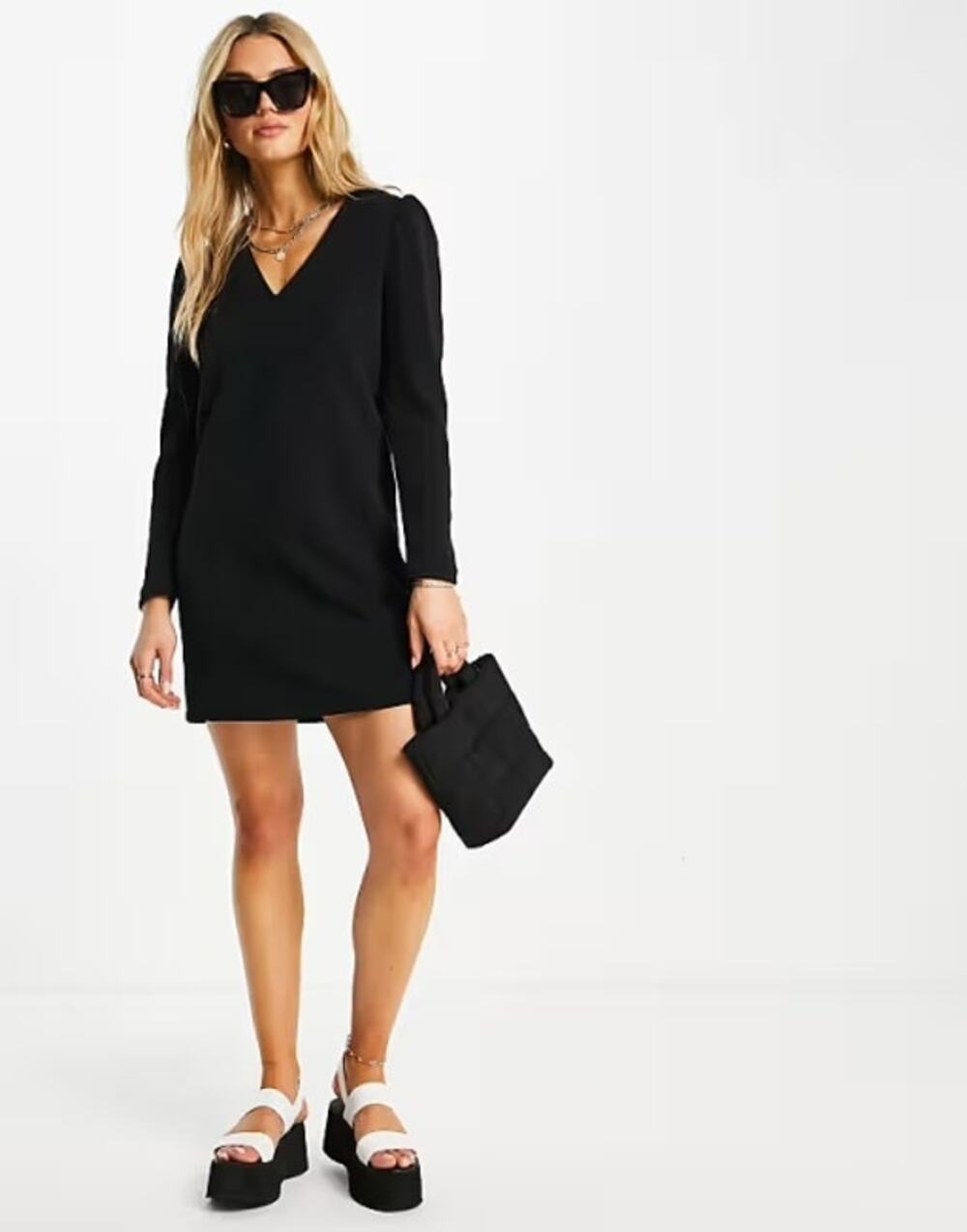 NEW MNG Mango Carolina Puff sleeve Black mini v neck dress 6
